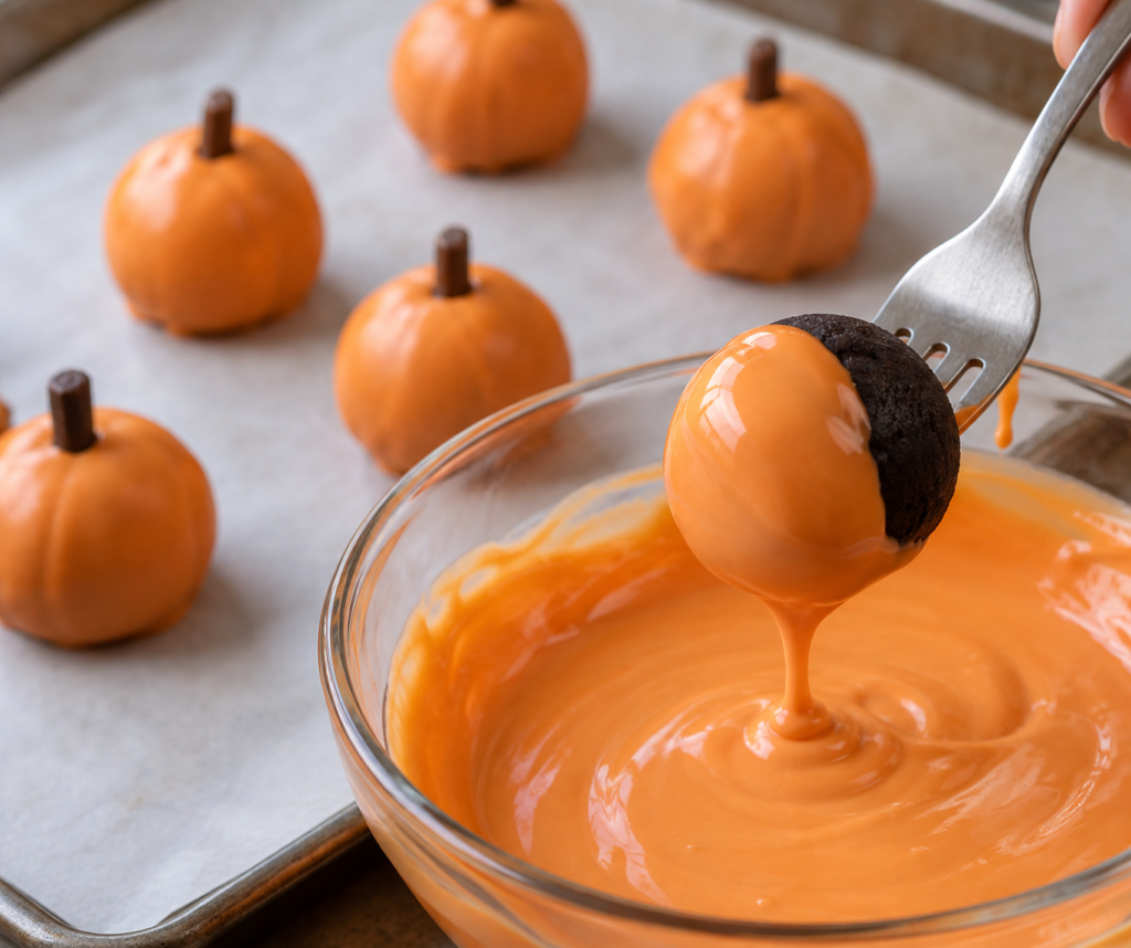 An Oreo truffle on a fork, partially covered with orange candy coating above a bowl