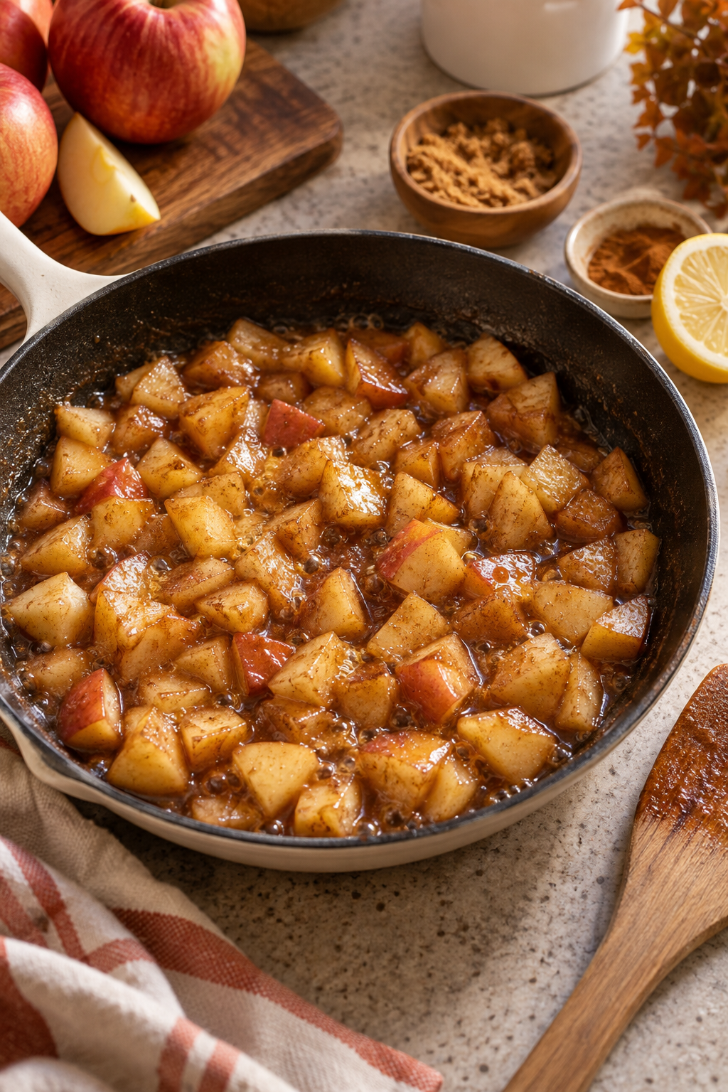Diced cinnamon apples cooking in a skillet for caramel apple cheesecake dip.