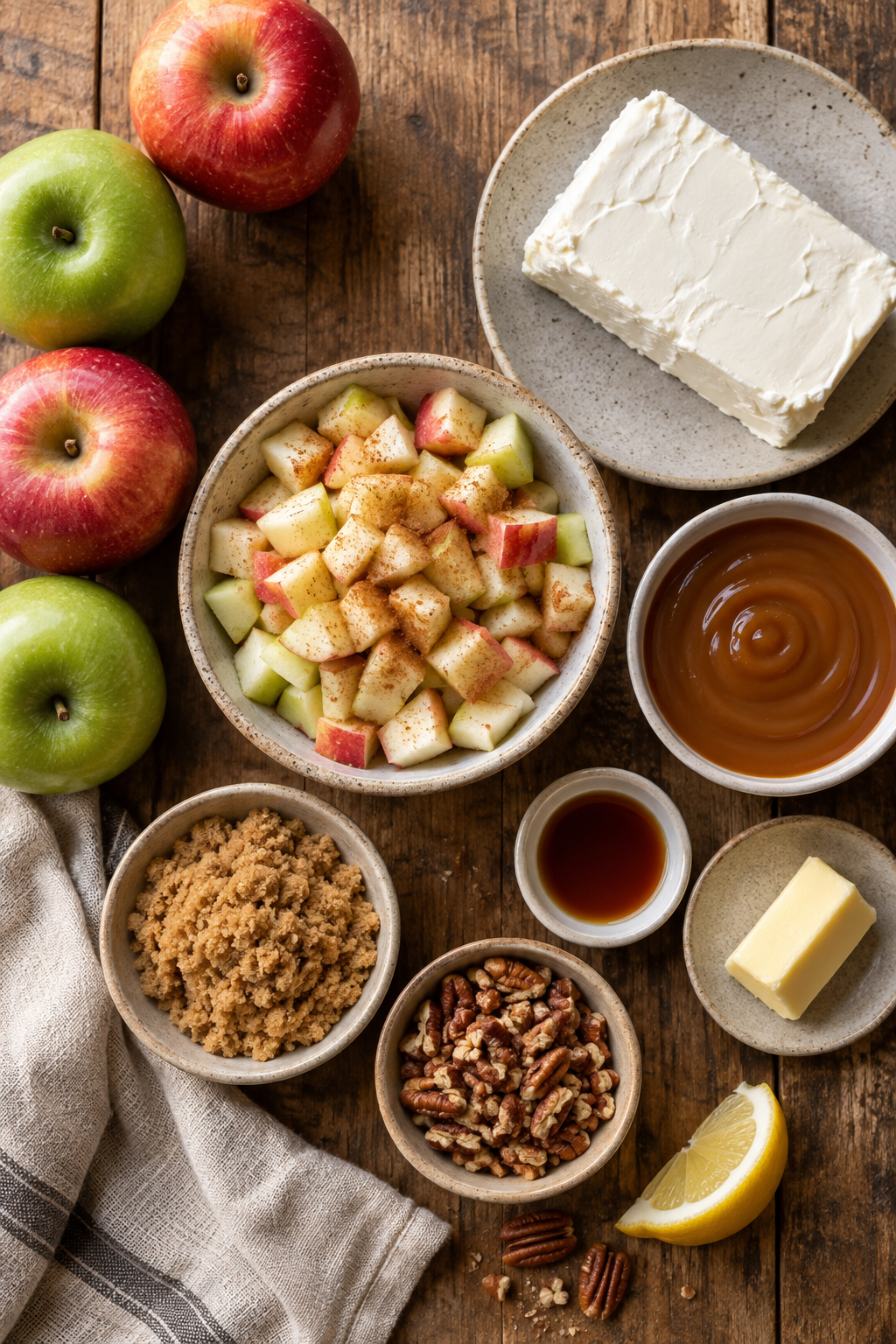 Ingredients for caramel apple cheesecake dip including apples, cream cheese, caramel, brown sugar, pecans, butter, and cinnamon.
