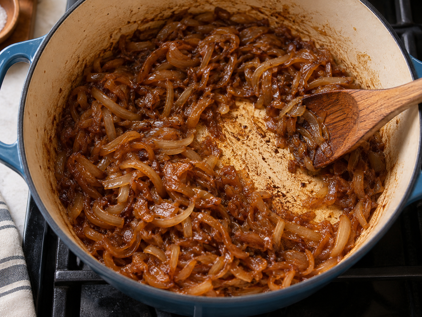 Deep golden caramelized onions in a Dutch oven, ready for one-pot French onion pasta