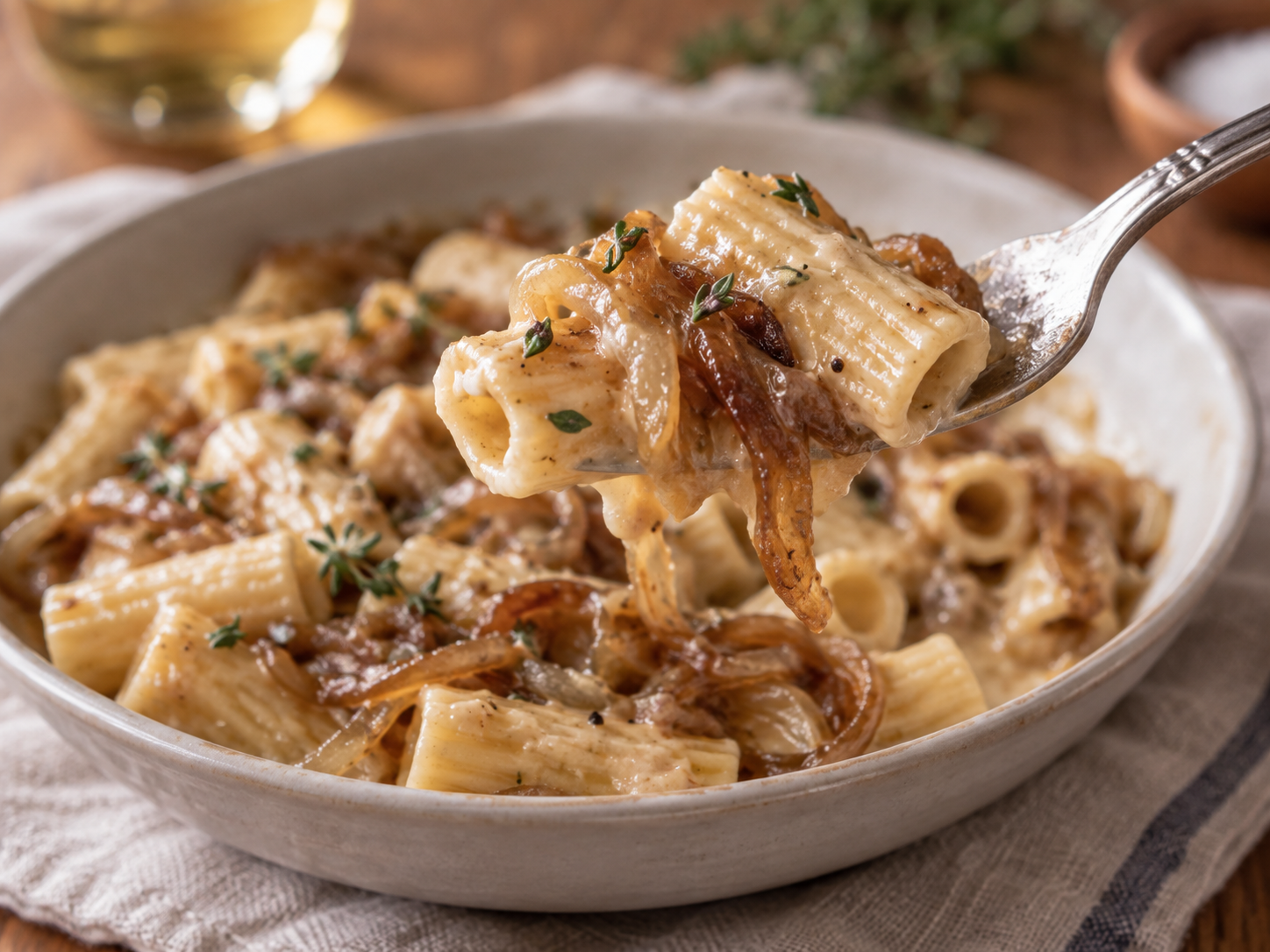 Forkful of creamy French onion pasta with caramelized onions and thyme
