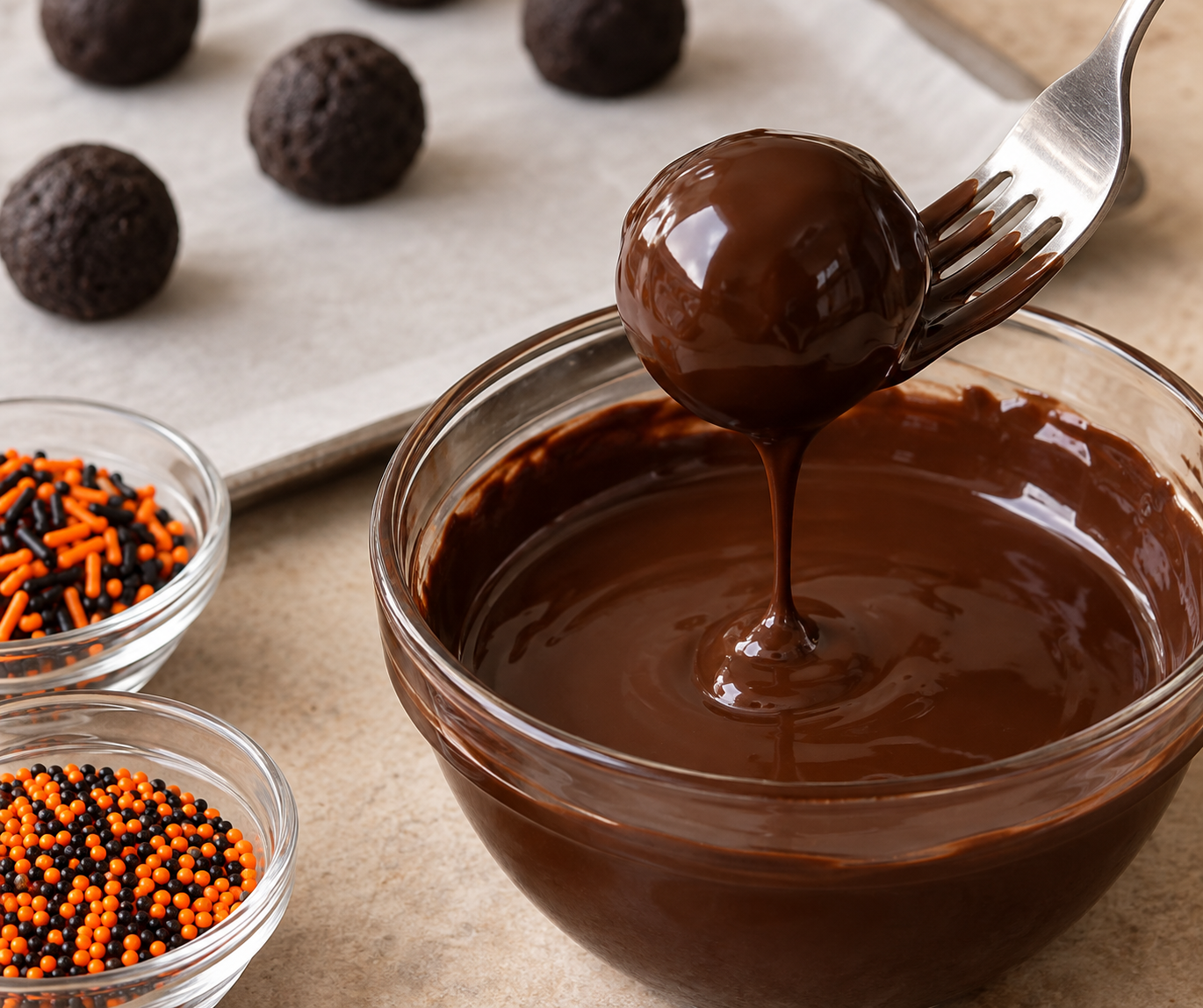 A chocolate-coated Halloween Oreo ball lifted from melted chocolate on a fork