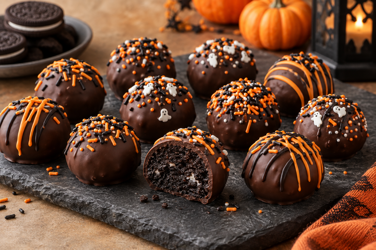 Halloween Oreo balls coated in chocolate with orange and black sprinkles
