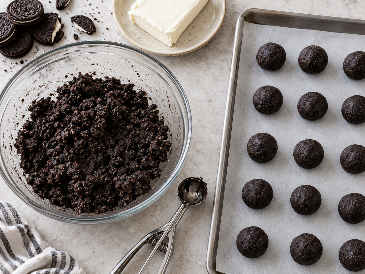 Cookie crumb and cream cheese mixture with uncoated Halloween Oreo ball centers on a parchment-lined tray