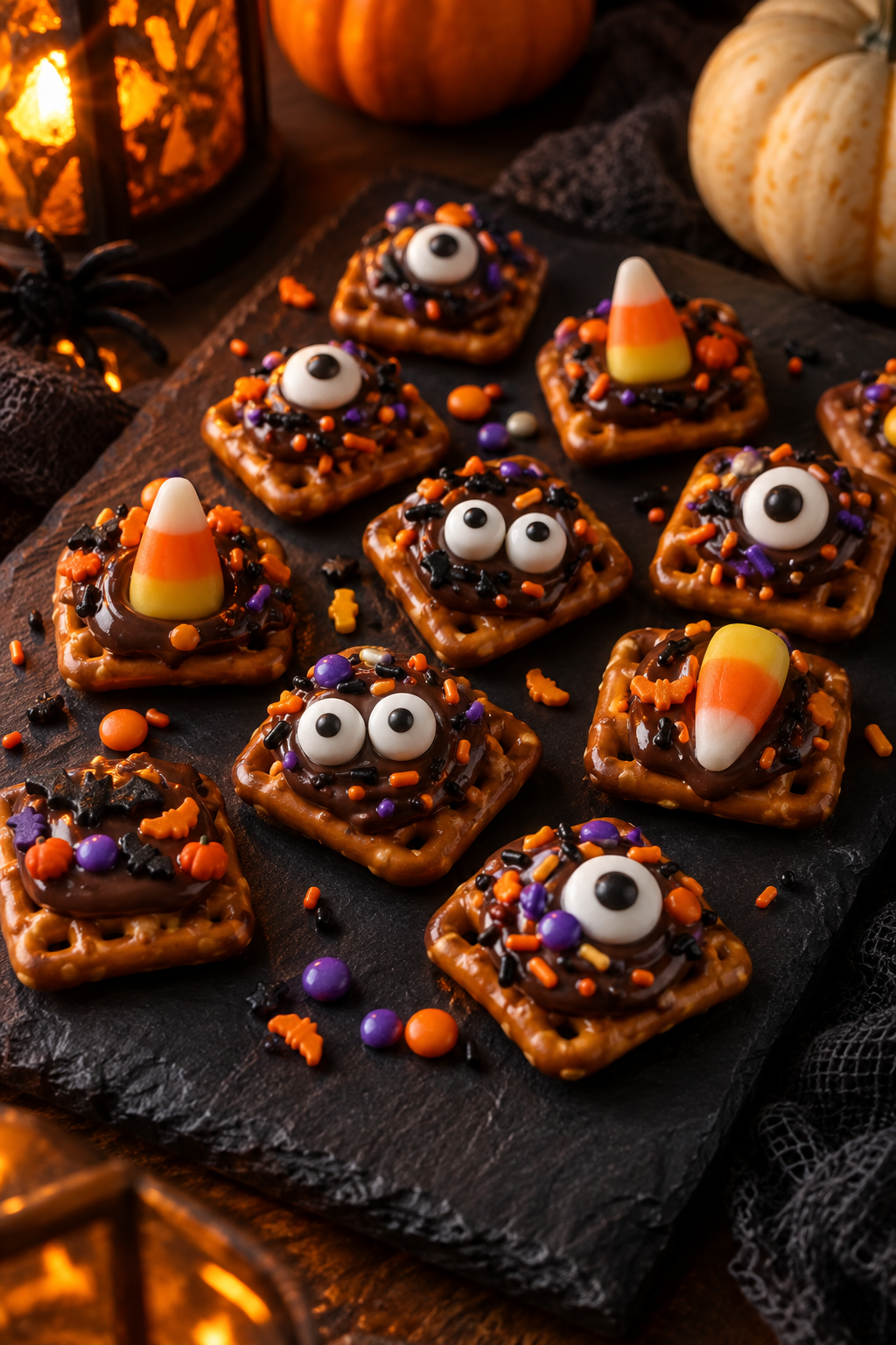 Halloween pretzel bites with chocolate candy eyes, candy corn, and festive sprinkles