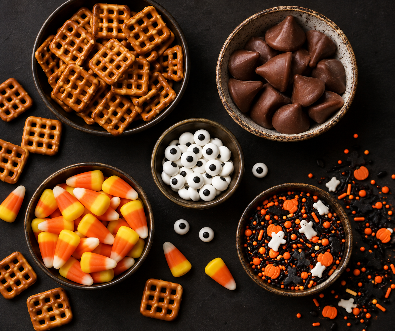 Ingredients for Halloween pretzel bites including pretzels, chocolate kisses, candy eyes, candy corn, and sprinkles
