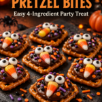 Pinterest pin for easy Halloween pretzel bites with chocolate candy eyes and candy corn