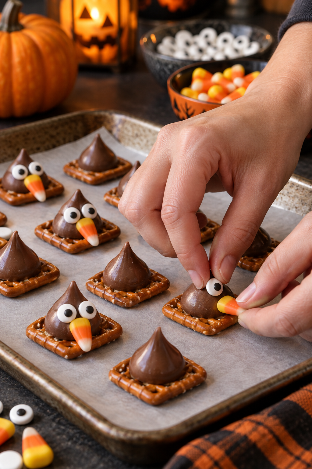 Decorating Halloween pretzel bites with softened chocolate, candy eyes, and candy corn