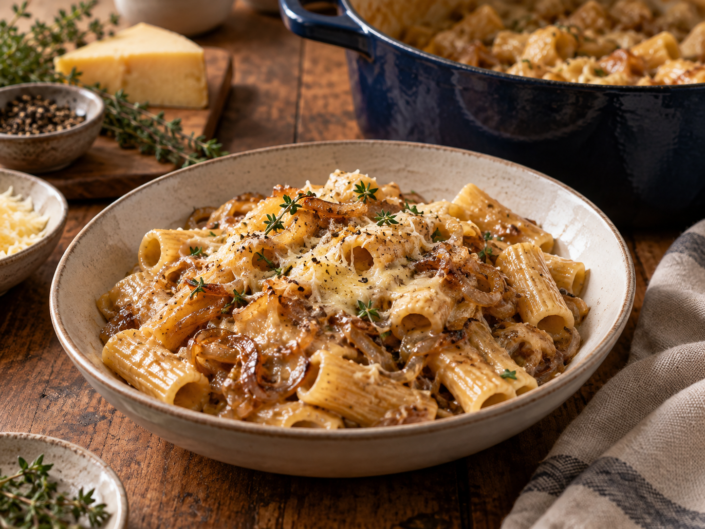 Creamy one-pot French onion pasta with caramelized onions, Gruyère, and thyme