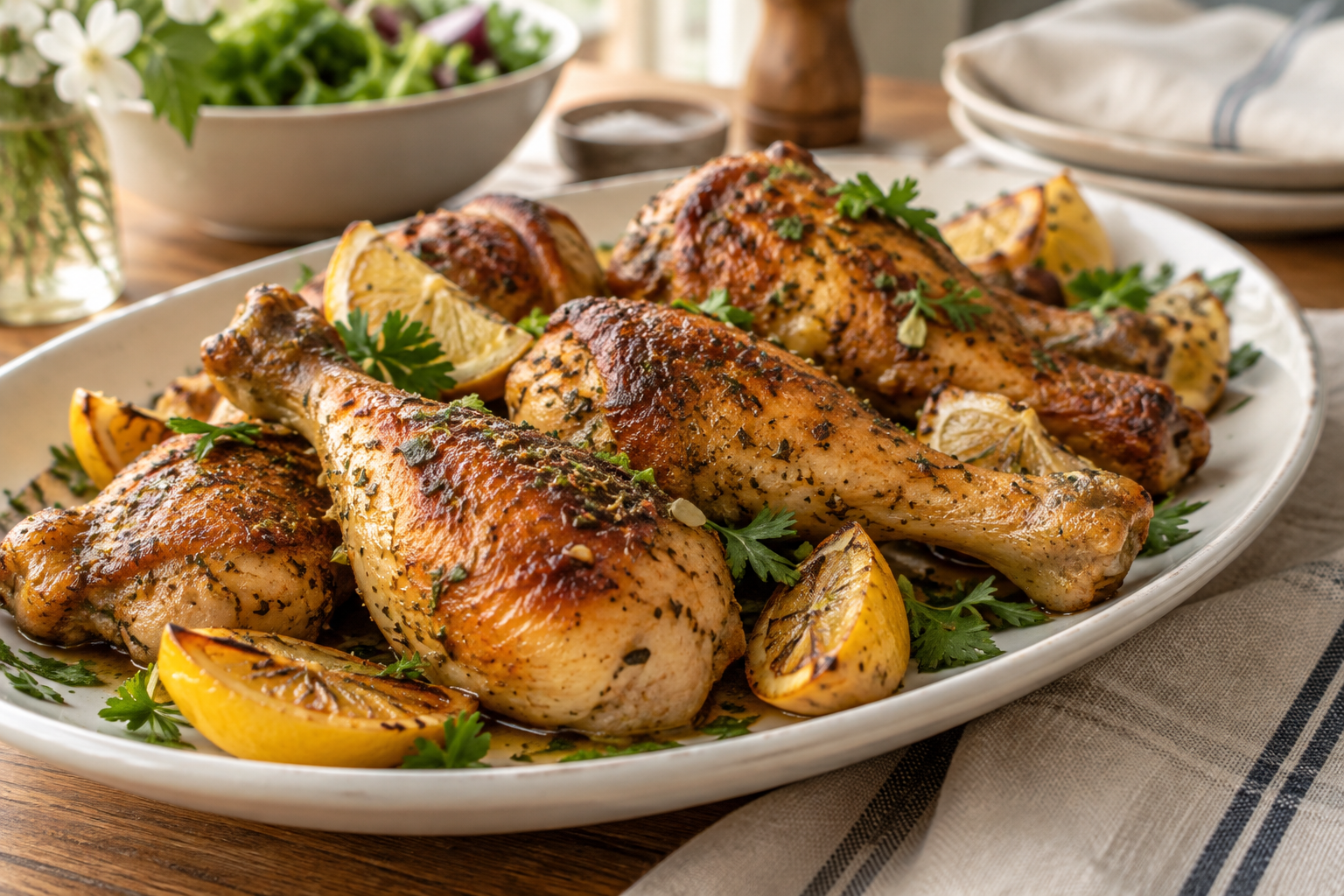 Crispy oven-baked chicken legs on a platter with roasted lemon and parsley