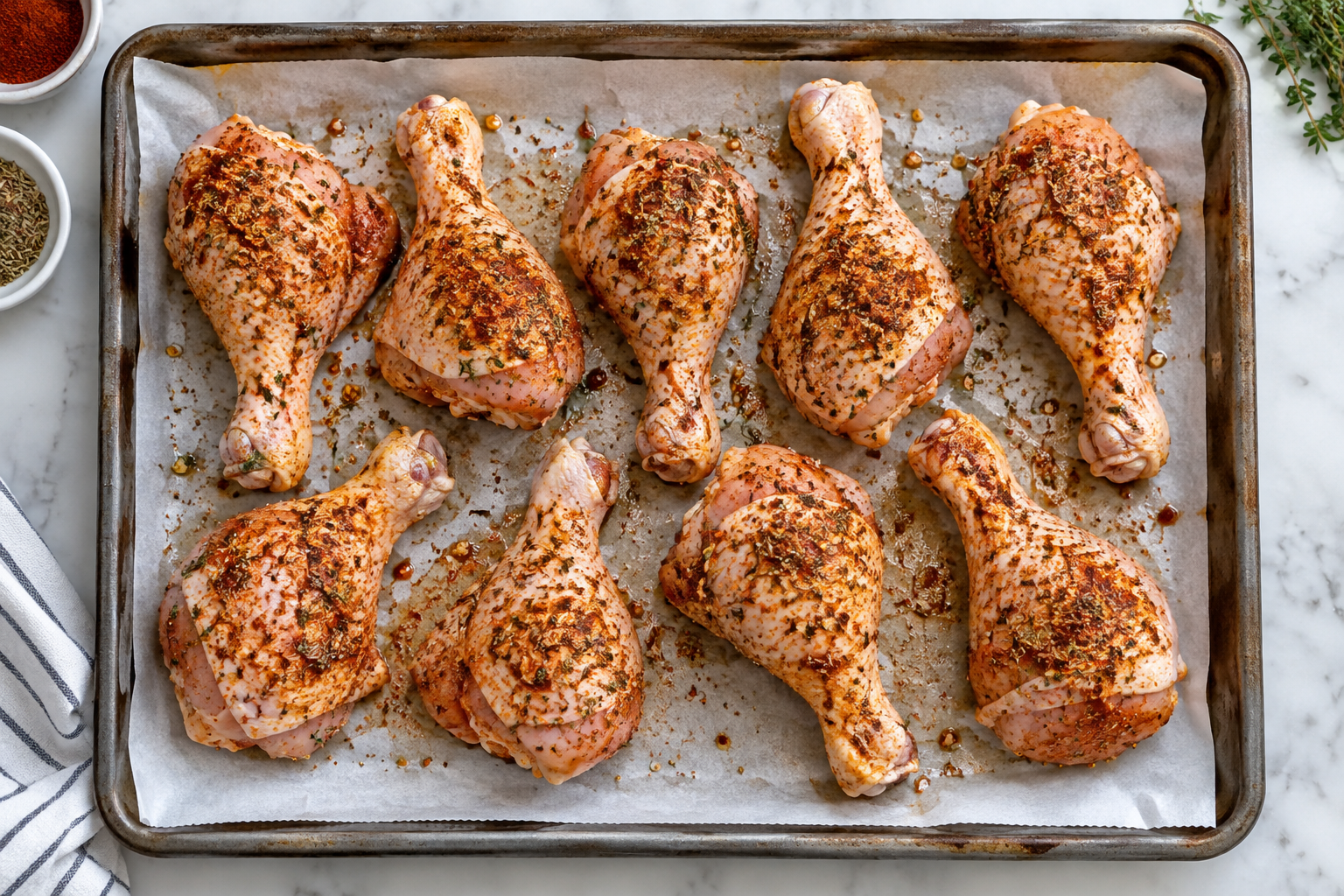 Seasoned raw chicken drumsticks arranged on a parchment-lined baking sheet