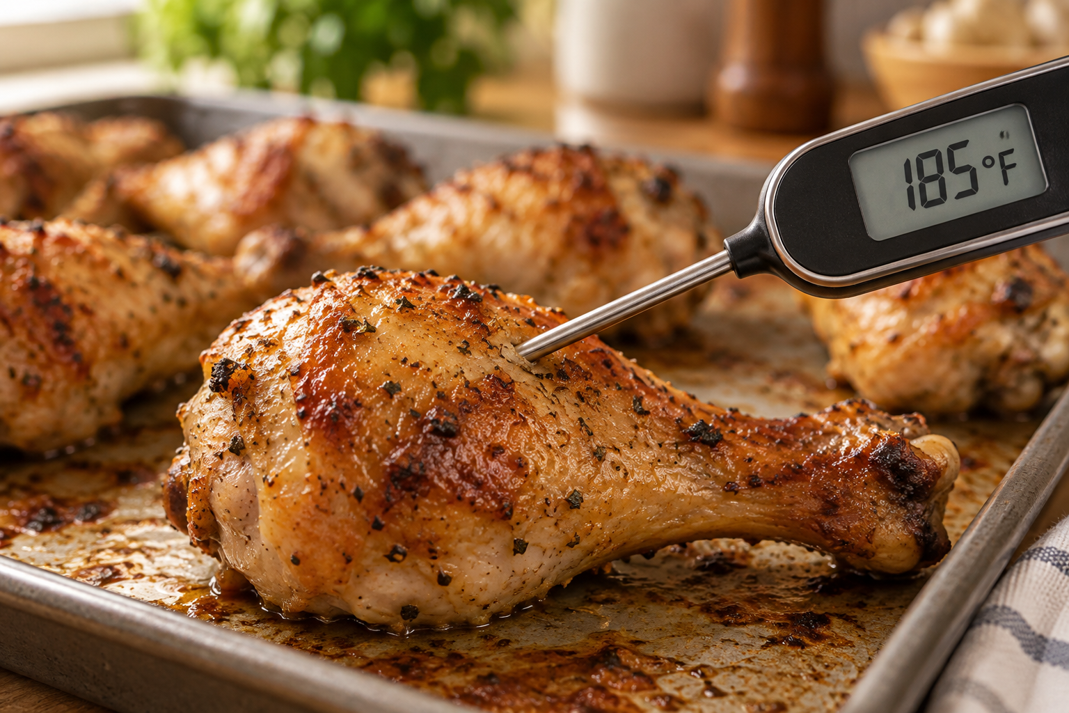 Instant-read thermometer showing chicken legs cooked to 185 degrees Fahrenheit