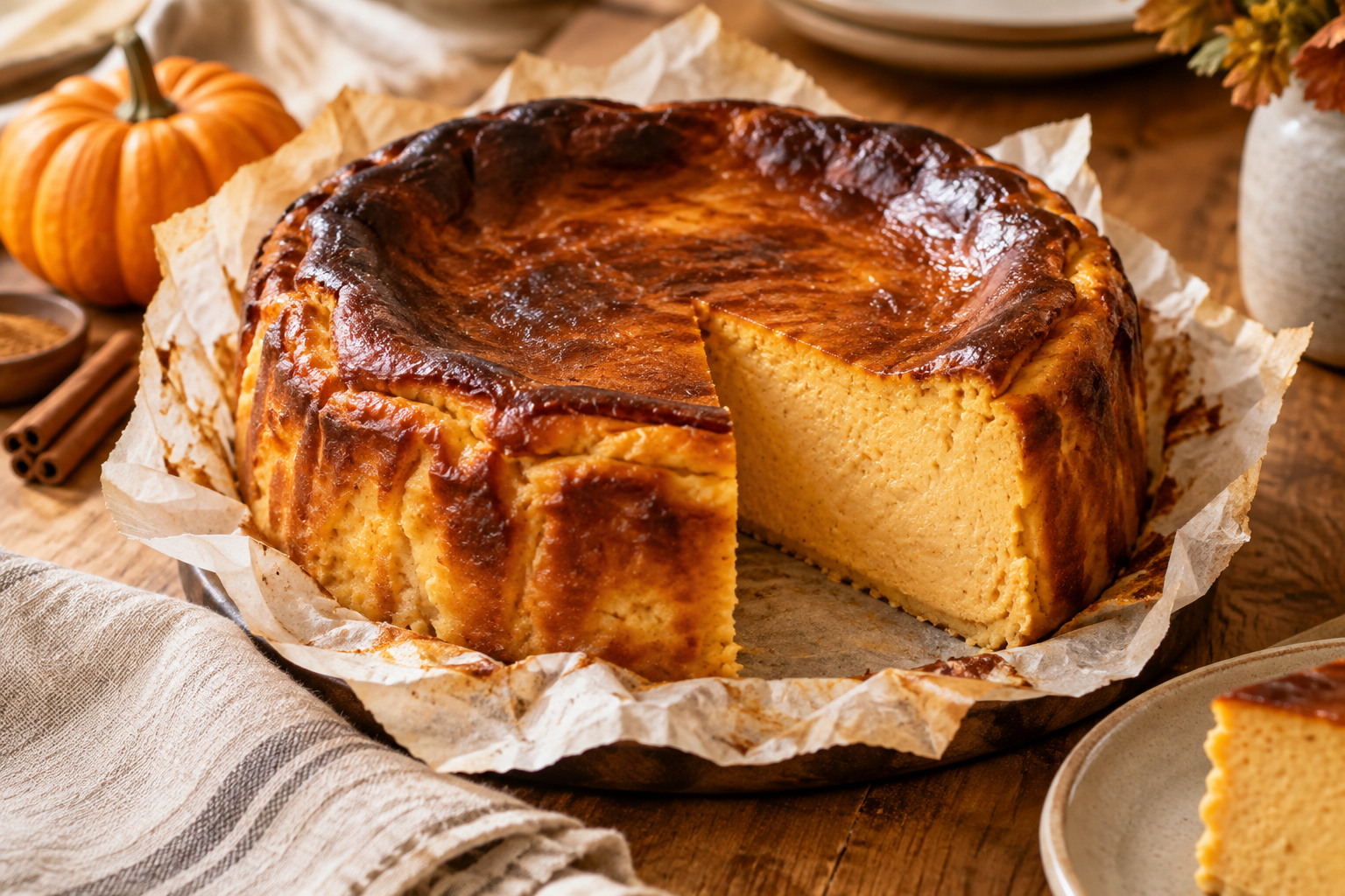 Pumpkin Basque cheesecake with a caramelized top and creamy center