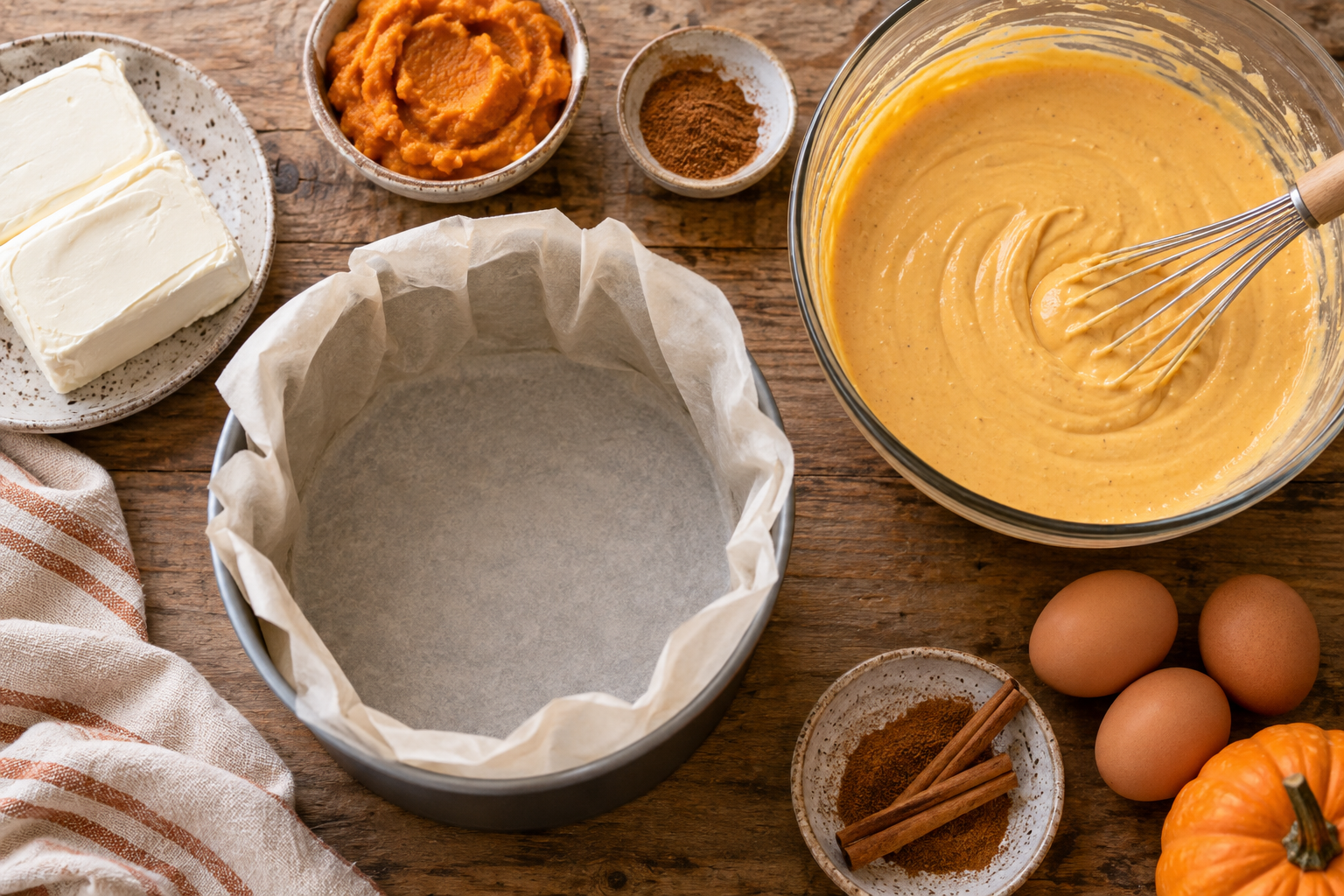 Pumpkin cheesecake batter beside a parchment-lined cake pan