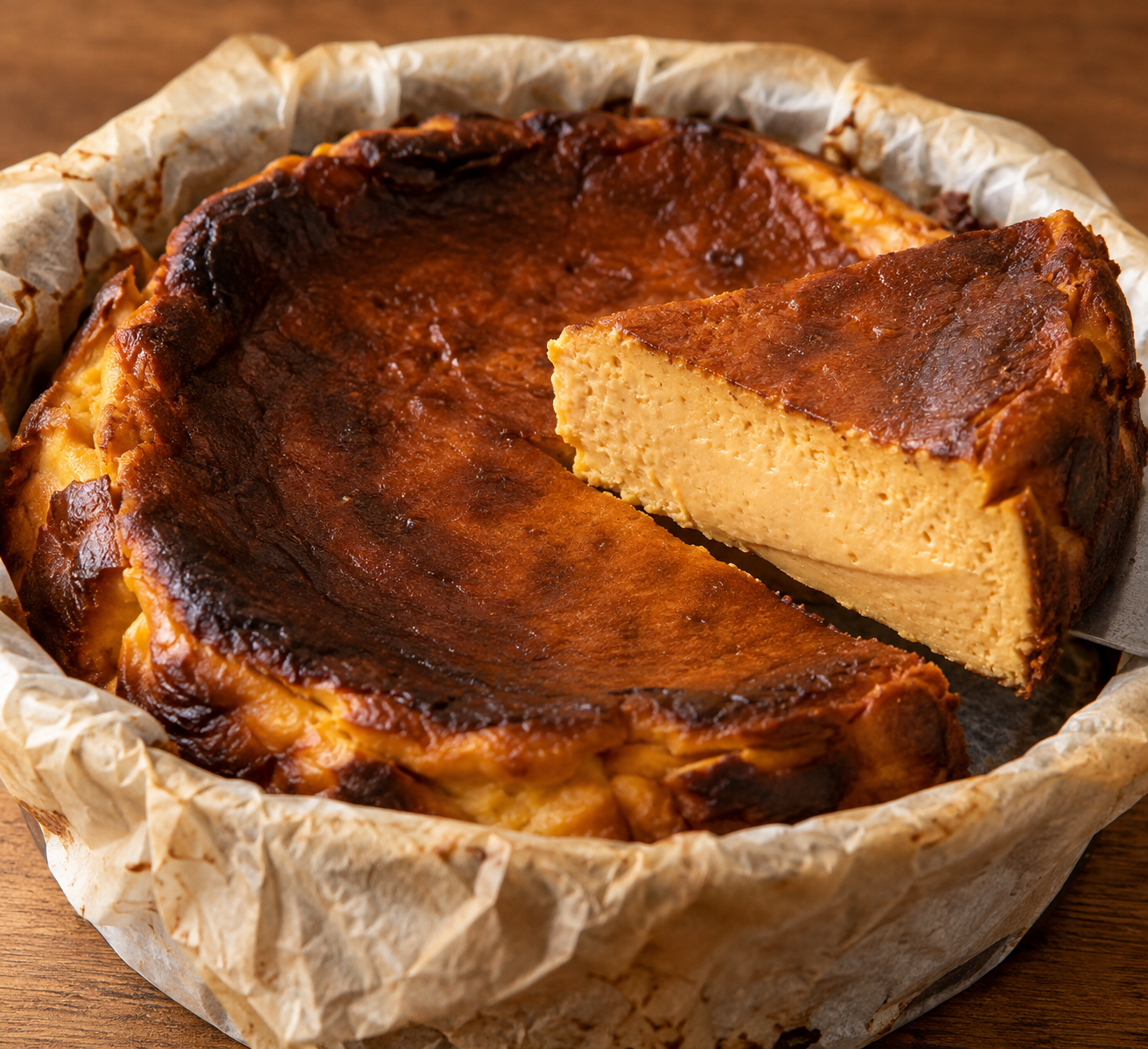 Slice of pumpkin Basque cheesecake showing a soft creamy baked center
