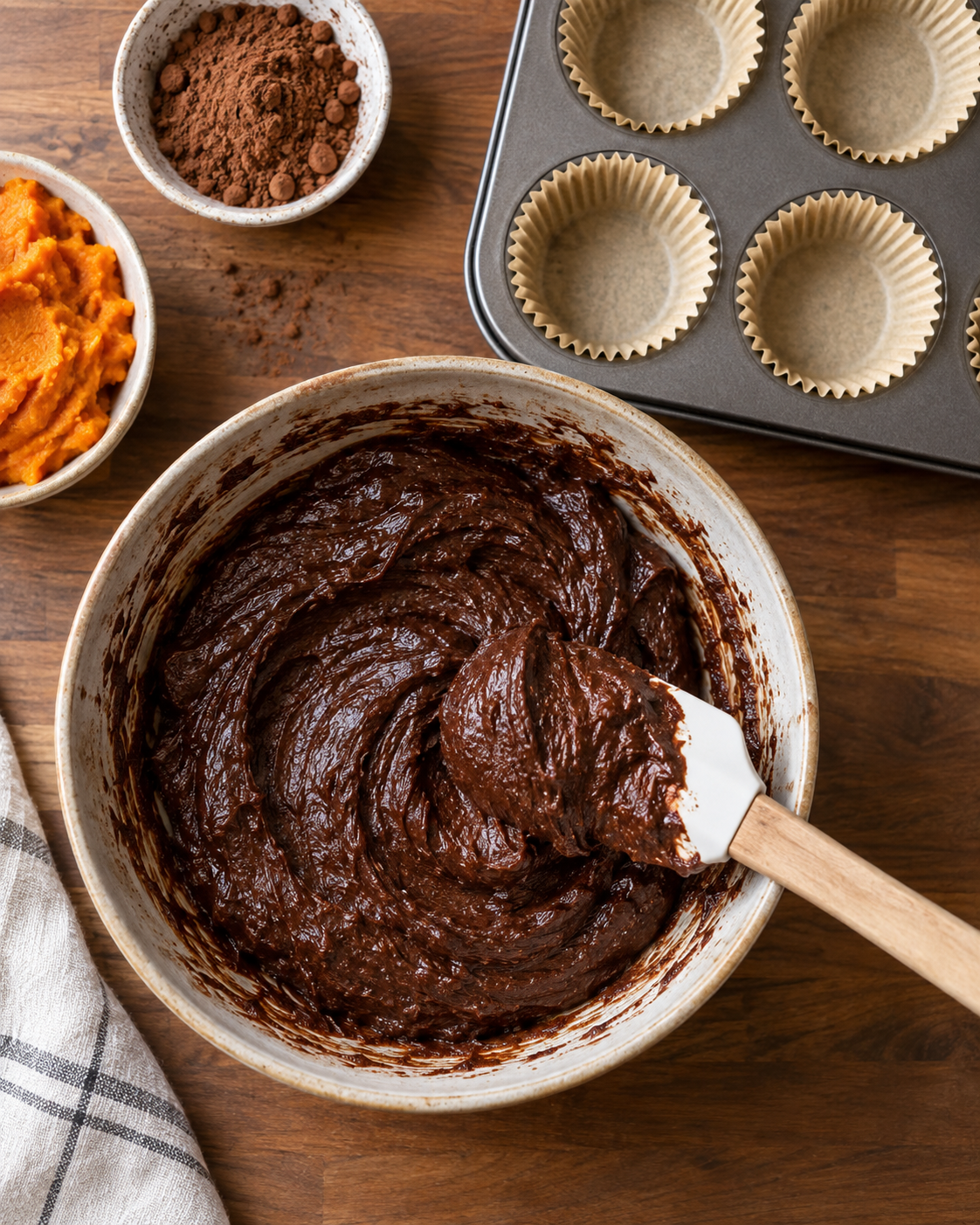 Thick vegan sweet potato brownie batter beside a lined mini muffin pan